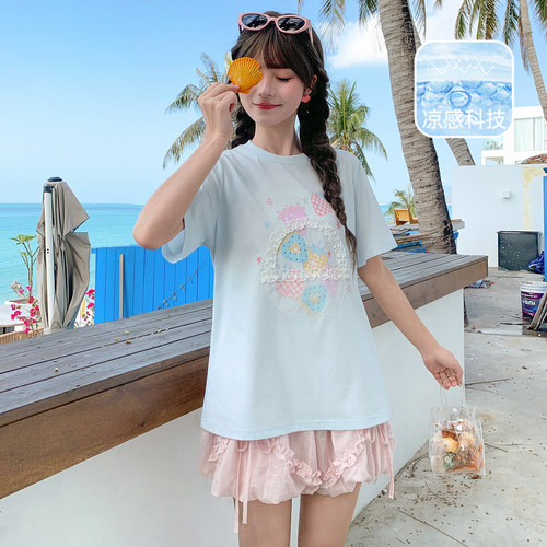森女部落甜美风抗菌凉感短袖t恤女2026新款蕾丝拼接设计感上衣夏