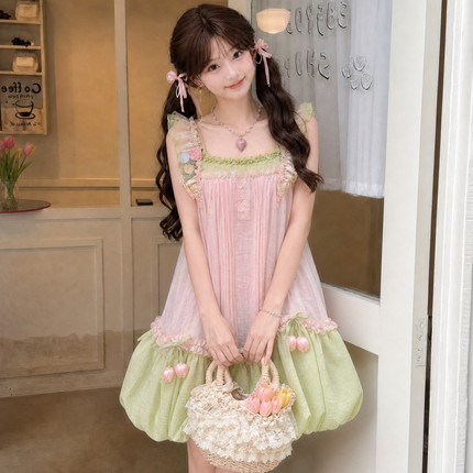 森女部落甜美风芭乐系列撞色郁金香连衣裙女2026新款吊带花苞裙