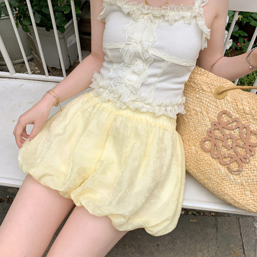 森女部落甜美风纯色百搭灯笼裤女2026新款防走光高腰花苞短裤夏季