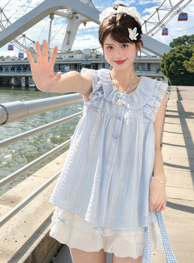 森女部落蓝色娃娃衫夏甜美可爱领无袖设计感小飞袖衬衫女新款上衣