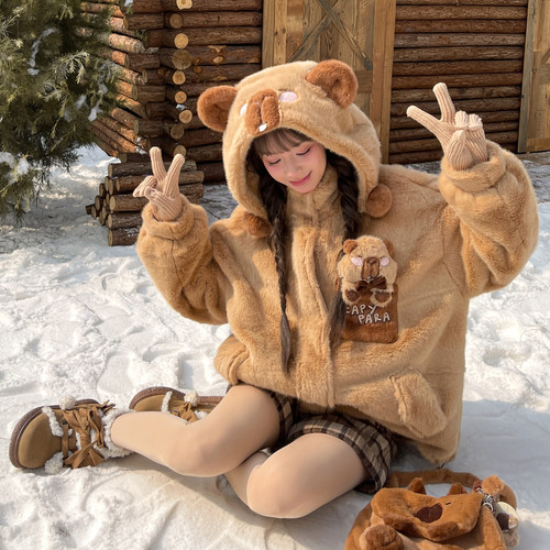 森女部落原创“卡皮巴拉”毛绒卫衣绒衫外套加绒加厚新款女装冬款