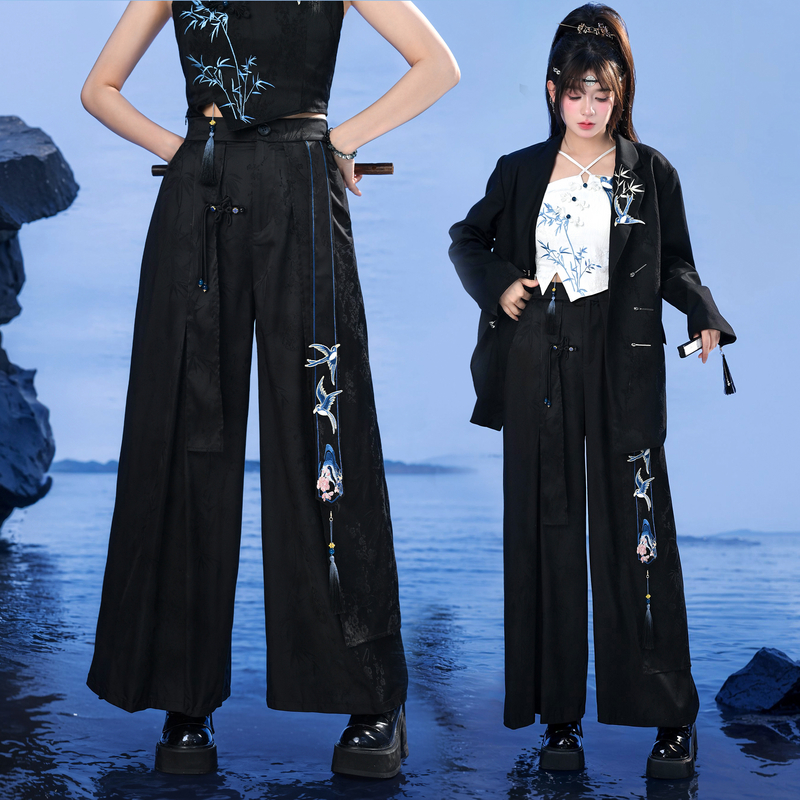 森女部落原创休闲裤新中式国风裤子垂坠感高级感黑色阔腿裤春秋款