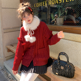 冬 设计感复古毛衣冬季 森女部落圣诞氛围感红色针织开衫 女2025新款