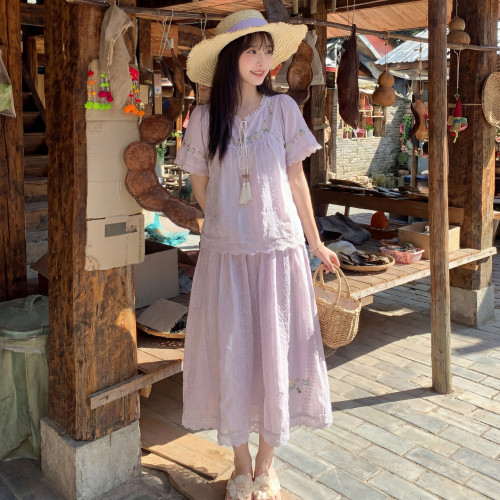 森女部落甜美清新刺绣设计感上衣女夏季蕾丝拼接宽松百搭衬衫新款