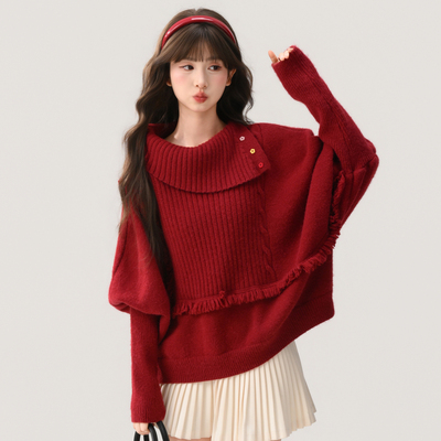 森女部落甜美风设计感翻领宽松显瘦套头针织衫女新款显白红色毛衣