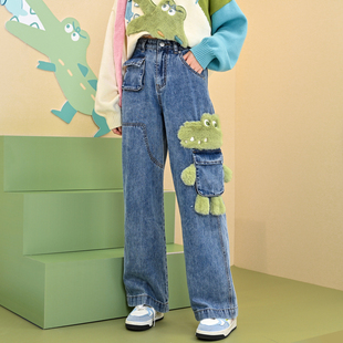 子潮酷百搭2024年新款 森女部落原创萌趣立体牛仔裤 直筒宽松水洗裤