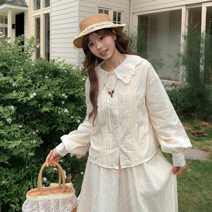 森系百搭宽松上衣春季 森女部落甜美风设计感刺绣娃娃领衬衫 女新款