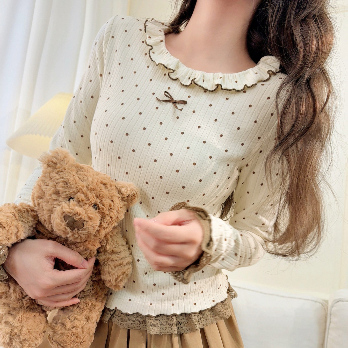 森女部落甜美风波点蕾丝设计感修身长袖T恤女新款圆领百搭上衣冬