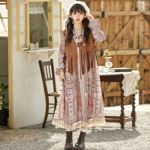 森女部落原创波西米亚云南度假风印花连衣裙女2025年春秋新款 女