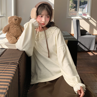 森女部落森系蕾丝领设计感宽松衬衫 百搭杏色打底上衣冬 女2025新款