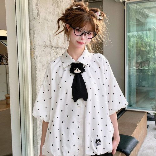 森女部落可爱奶牛喵白色衬衫女夏2026新款波点灯笼袖宽松短袖上衣