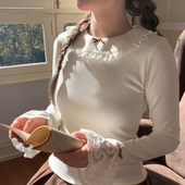 新款 设计感蕾丝边修身 长袖 森女部落甜美百搭内搭打底衫 T恤女冬季