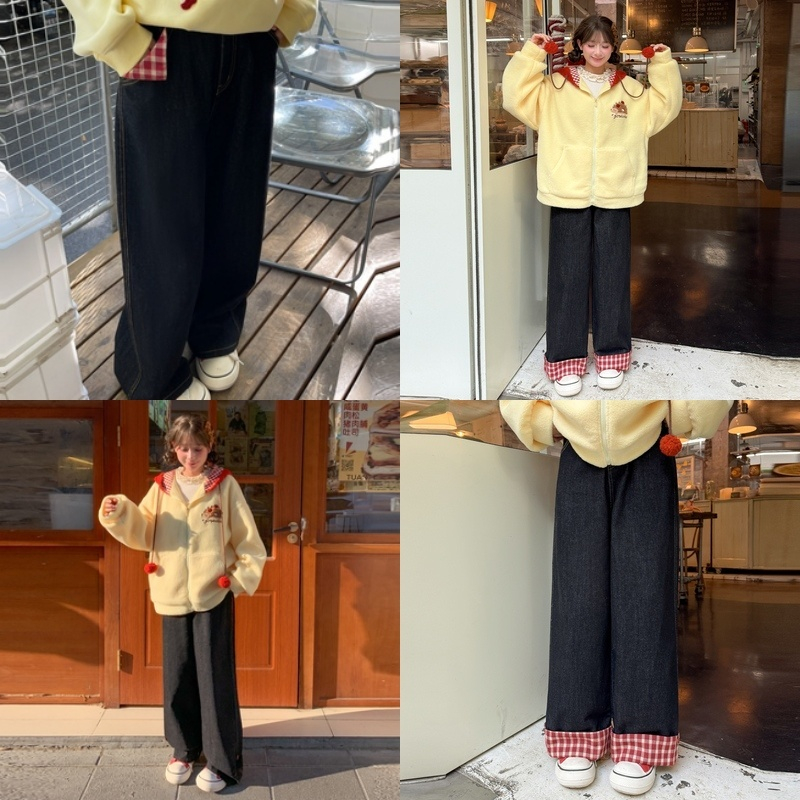森女部落甜美风撞色格子设计感阔腿牛仔裤女2025新款秋百搭直筒裤