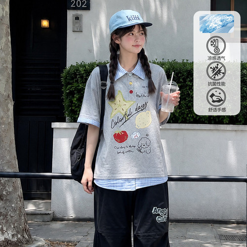 森女部落水果小狗印花Polo衫女夏季甜美蓝格纹拼接宽松短袖上衣