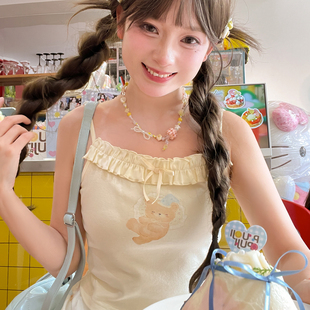 森女部落可爱卡通小熊印花吊带女花边背心上衣纯欲打底衫 2025新款