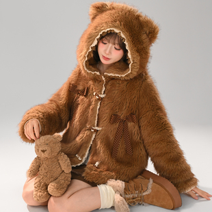 森女部落甜美萌趣设计熊耳连帽毛绒外套女新款 宽松百搭加绒上衣冬