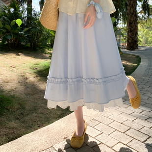 森女部落森系双层蕾丝拼接设计感高腰半身裙女百搭显瘦A字长裙夏