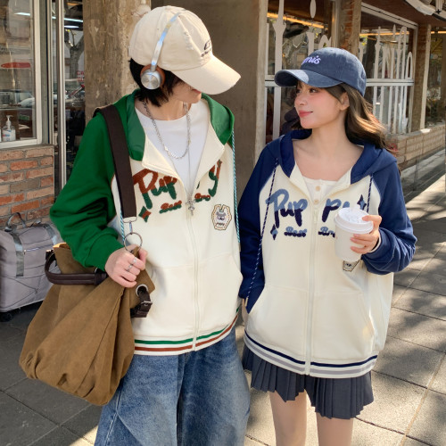 森女部落百搭情侣装刺绣撞色连帽外套女2026新款长袖宽松上衣春秋