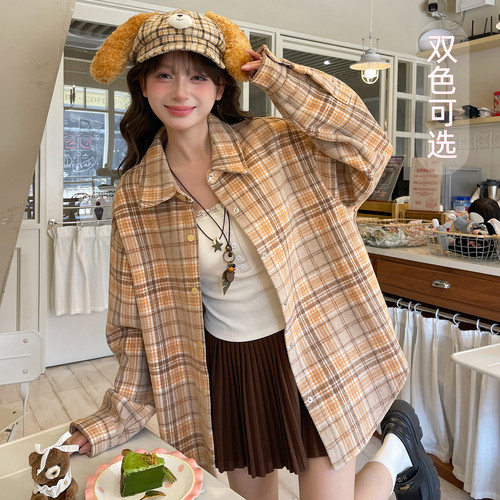 森女部落原创复古宽松格子衬衫新款学院风中性双色百搭长袖上衣春