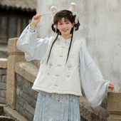 森女部落原创仿兔毛比甲马甲叠穿汉服套装 女 衬衫 新款 仿妆花琵琶袖