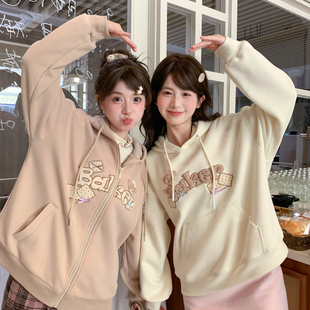 森女部落甜美风可爱小熊饼干刺绣加绒连帽外套女新款 秋冬宽松上衣