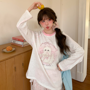 森女部落甜美可爱猫咪印花长袖 撞色圆领宽松上衣春 T恤女2026新款