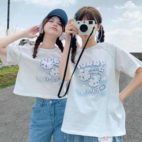 白色印花短袖t恤女夏小个子上衣