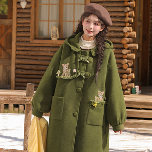 森女部落森系可爱小鹿刺绣连帽毛呢外套女2025新款 宽松大衣冬季