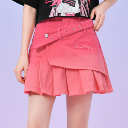 多巴胺粉色牛仔半身裙夏高腰短裙