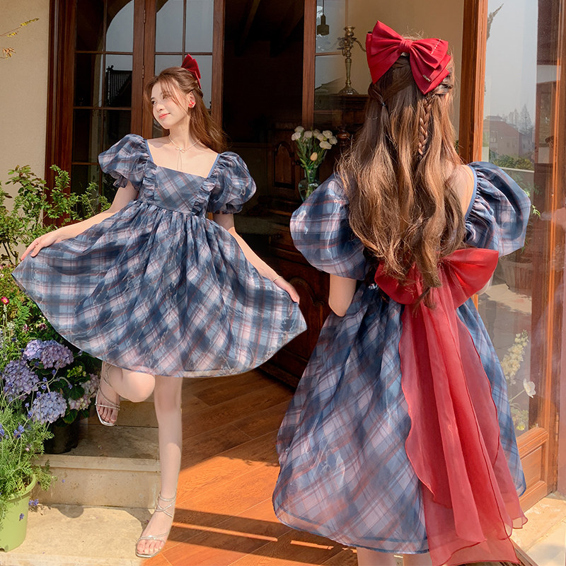 公主殿下大蝴蝶结泡泡袖公主裙经典格子连衣裙女夏季原创森女部落