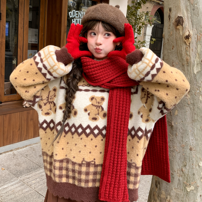 森女部落复古小熊提花毛衣女新款圣诞氛围宽松圆领撞色针织衫冬季