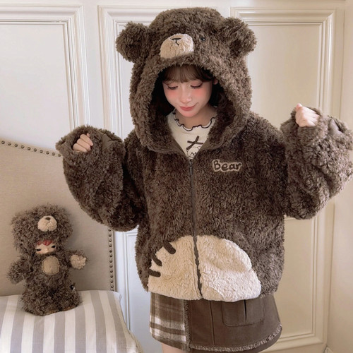 森女部落童话风小熊连帽绒衫女新款卫衣设计感立体小熊保暖外套冬
