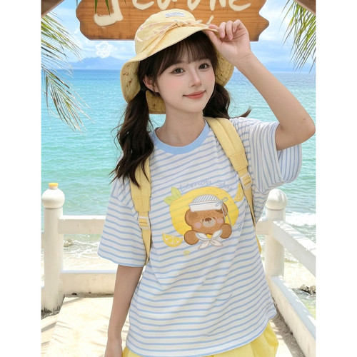 森女部落日系条纹T恤女萌趣小熊夏季短袖女印花宽松上衣2026夏