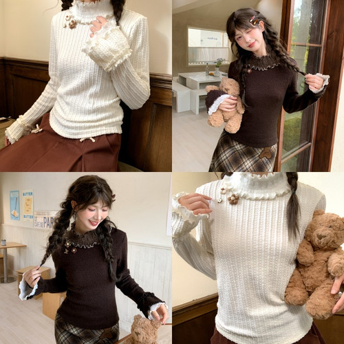 蕾丝花边高领打底衫秋冬内搭t恤