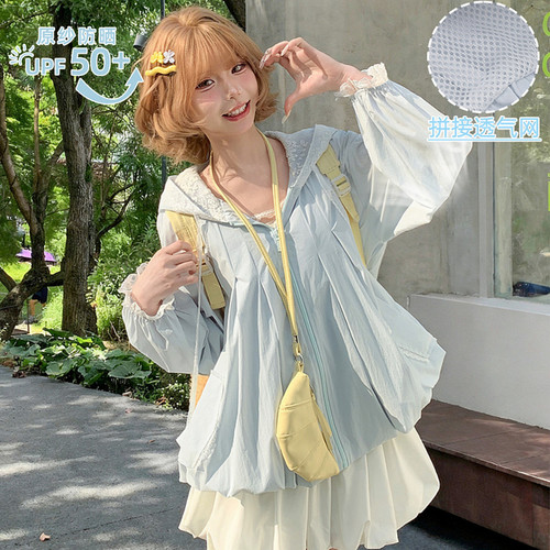 森女部落UPF50+防晒衣2026新款蕾丝拼接设计感原纱连帽外套女夏季