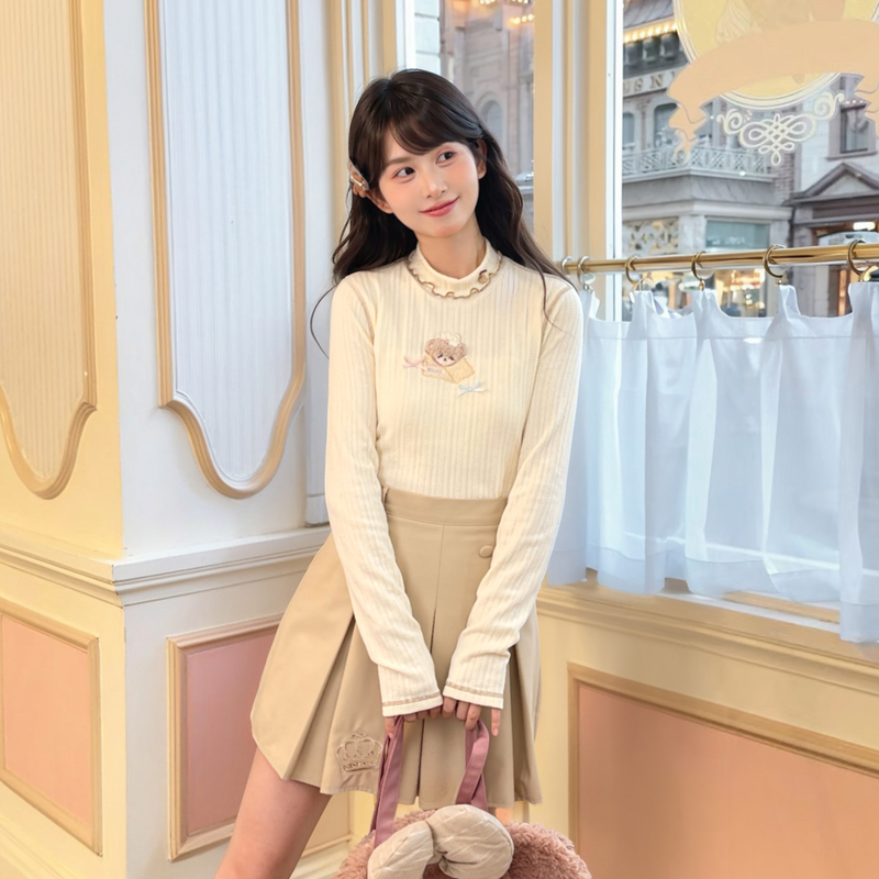 森女部落甜美可爱小熊针织打底衫女2025新款半高领修身内搭T恤秋