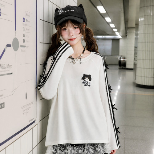 森女部落白色长袖T恤女新款圆领奶牛喵印花袖子蕾丝蝴蝶结秋上衣