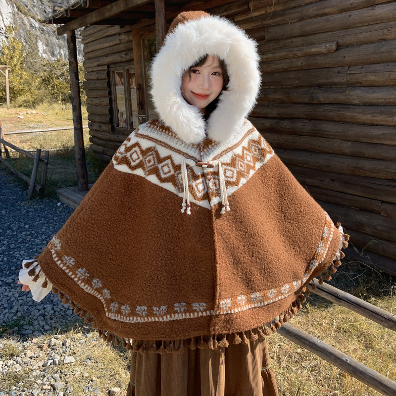 森女部落民族风提花连帽绒衫女新款流苏设计感复古宽松斗篷外套冬