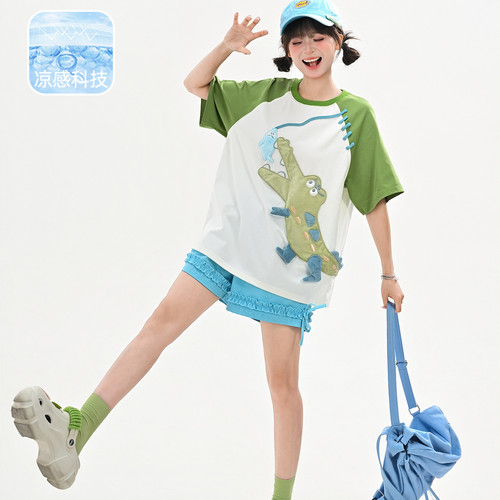 森女部落甜美童趣撞色设计感短袖T恤女新款宽松百搭圆领上衣夏季