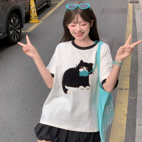 森女部落学院风猫咪刺绣短袖T恤女2026新款撞色设计感宽松上衣夏