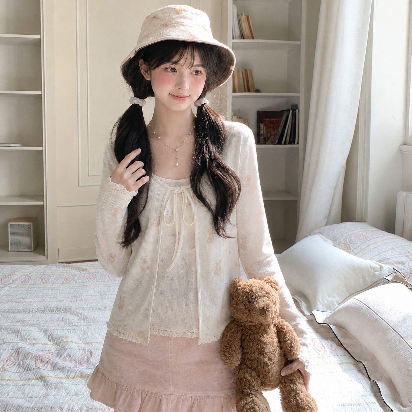 森女部落兔子碎花假两件上衣女系带蕾丝花边温柔风吊带开衫秋季