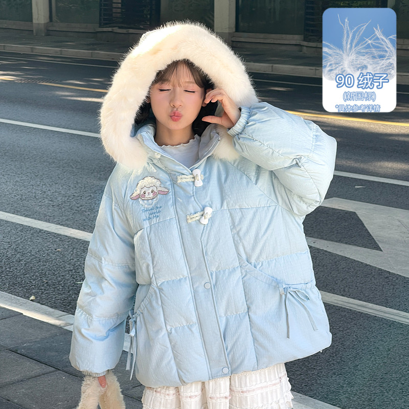 森女部落甜美可爱蓝色羽绒服女中长款冬2025新款小个子短款厚外套