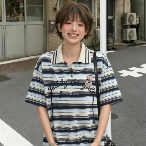 森女部落学院风条纹T恤女2026新款小熊刺绣设计感宽松短袖上衣夏