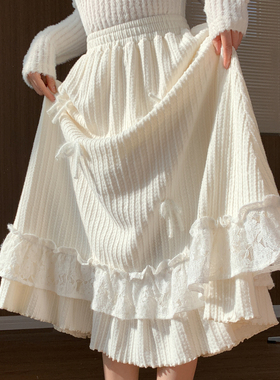 森女部落温柔风百搭高腰半身裙女2025新款蕾丝拼接设计感A字裙秋
