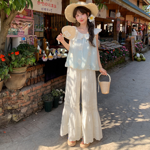 森女部落甜美风垂感高腰休闲裤女新款蕾丝拼接设计感百搭长裤夏季
