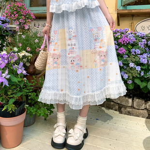 森女部落甜美卡通印花原创设计蓝色高腰A字半身裙女2025夏季 穿搭