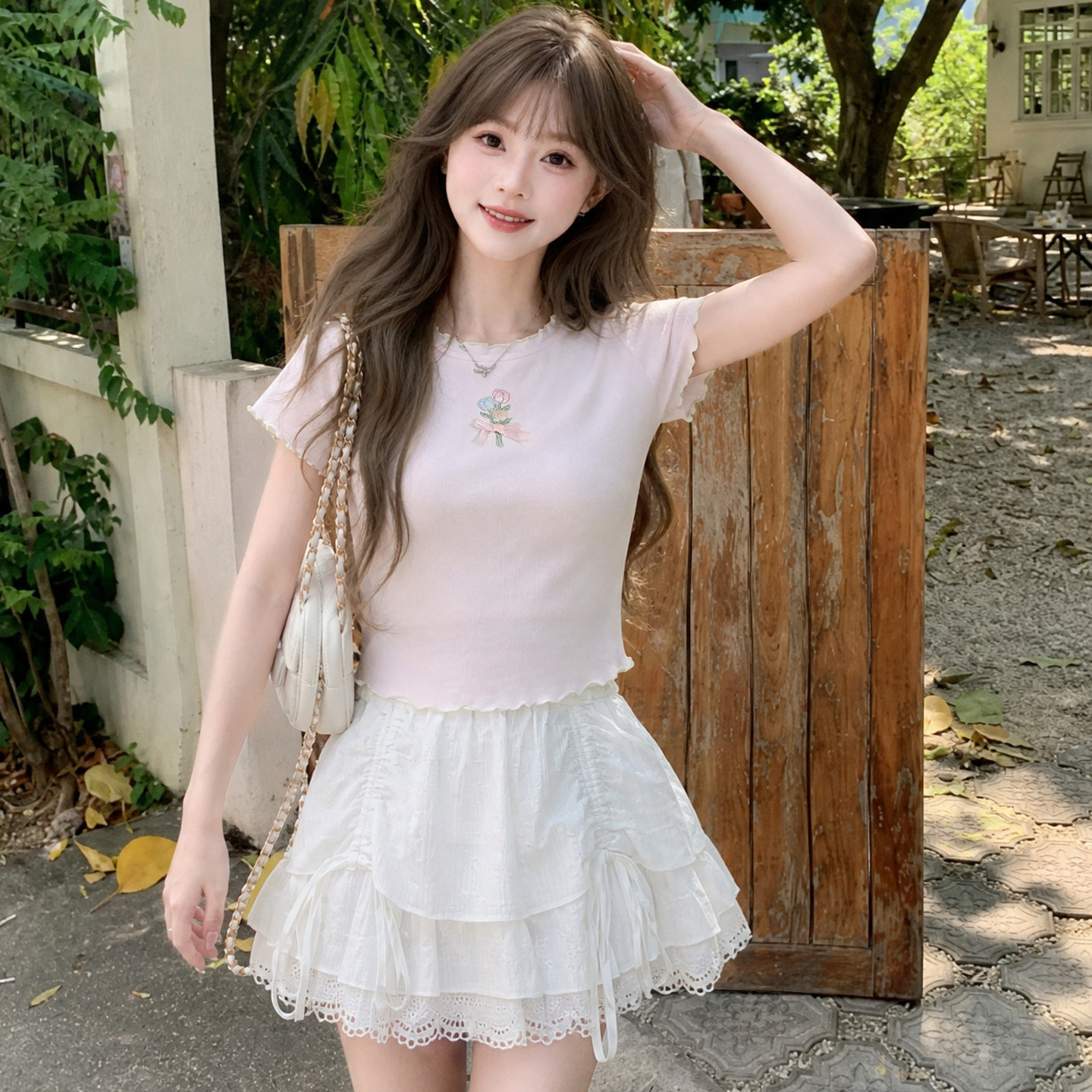 森女部落粉色修身显瘦短袖T恤女夏季小个子多巴胺设计感小众上衣图片