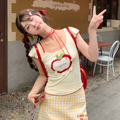 撞色苹果减龄上衣短袖 森女部落甜美元 气修身 T恤女2026初夏穿搭