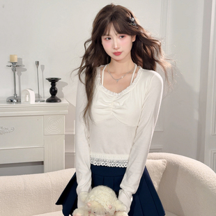 百搭外穿上衣冬 T恤女2025新款 森女部落甜美风设计感挂脖修身 长袖