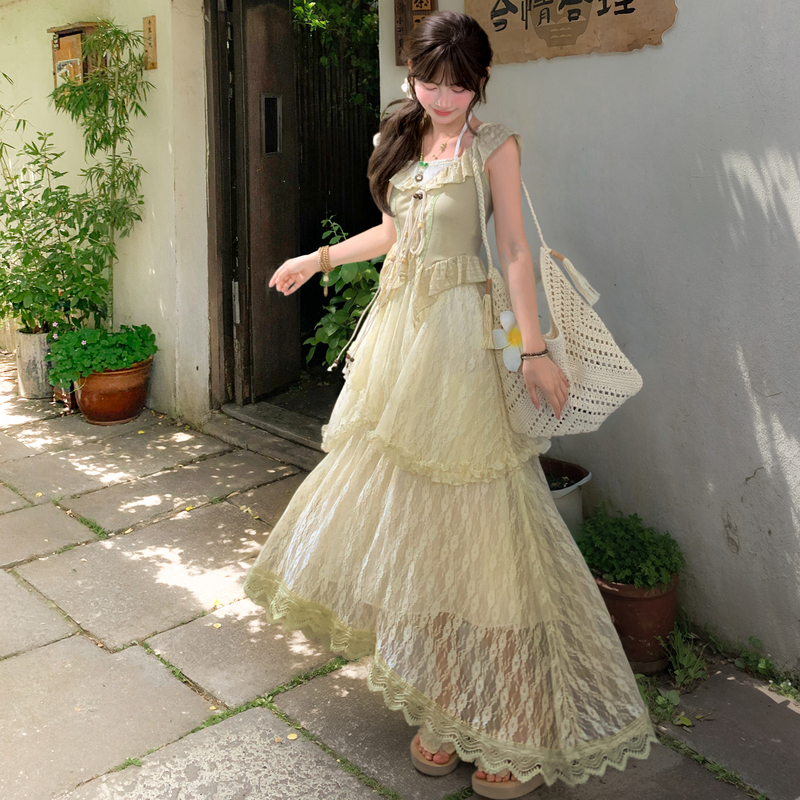 度假风假两件设计感挂脖上衣吊带